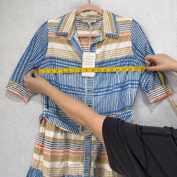 Ash & Eden Shirt Dress Womens Medium Blue Tan Stripe Belted Midi Cotton Collared - Picture 3 of 10
